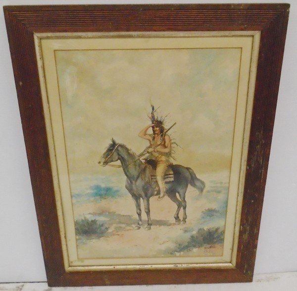 Framed Watercolor Indian on Horseback, Signed Heckler: Framed Watercolor Indian on Horseback, Signed Heckler 97