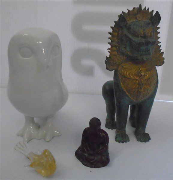 4 Pc. Lot- Glass bird, Royal Dux Owl, Metal Foo Lion,: 4 Pc. Lot- Glass bird, Royal Dux Owl, Metal Foo Lion, Buddha