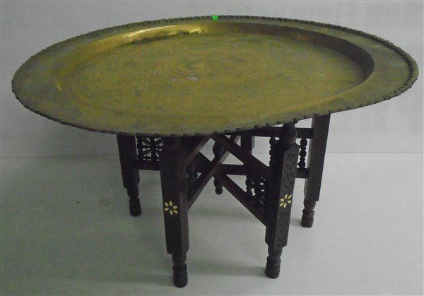 Inlaid Folding Brass Tray Stand: Inlaid Folding Brass Tray Stand
