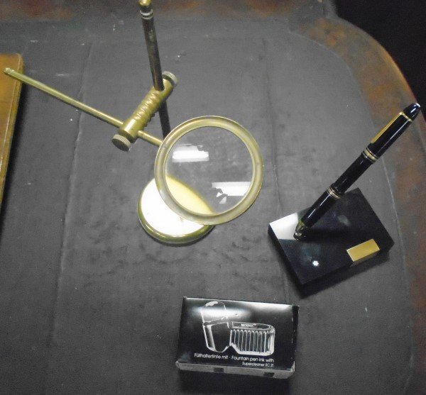 Mont Blanc Pen on Stand & Brass Desk Magnifier: Mont Blanc Pen on Stand & Brass Desk Magnifier