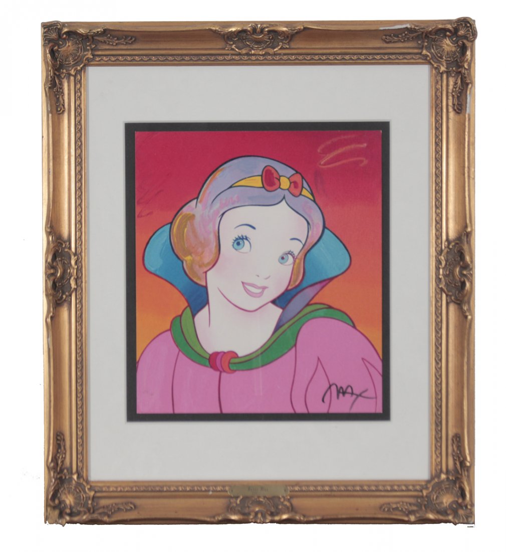 Peter Max "Snow White" Serigraph in colors on paper: Peter Max "Snow White" Serigraph in colors on paper. 387 from the limited edition of 500. Signed by Peter Max in white, lower right. 16" x 14" Image. 1994. Mint Condition. 28" x 28" Framed Size. With