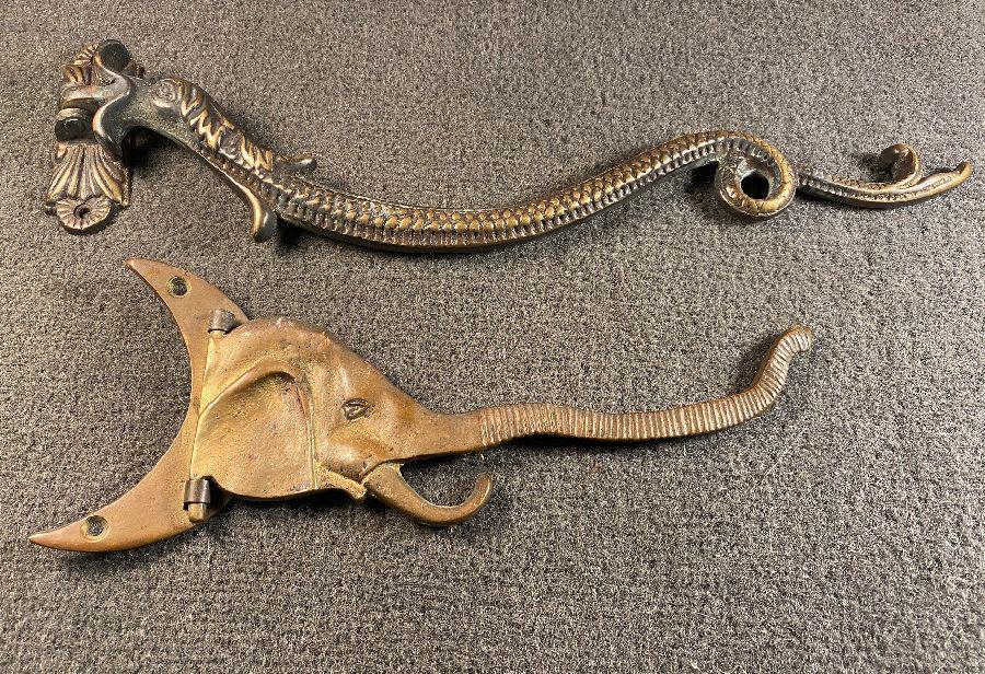 The Snake & The Elephant: Two interesting brass hooks: one a snake13" long and probably 19th. C. and the other an elephant 7.5" long and 20th. C...both very good as found.