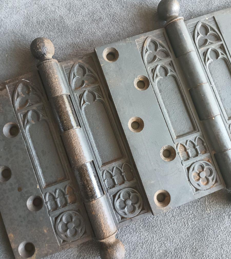 Gothic Hinges: Pair of cast iron Gothic hinges, 5" x 5.25...working order...good as found...