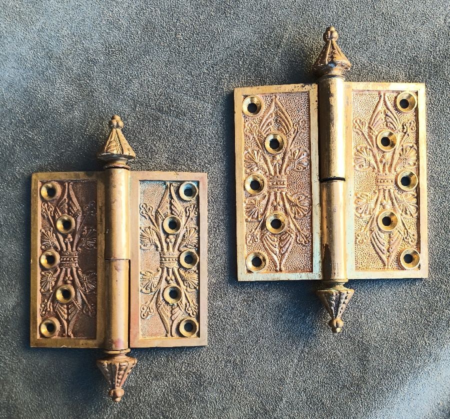 Smaller MCCC Hinges: Pair of compression cast bronze hinges from MCCC c 1870…beautiful craftsmanship…4.5” x 4.5”……very good as found