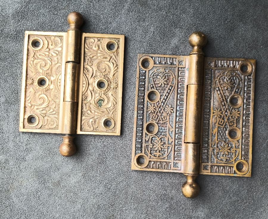 Two Decorative Hinges: Two cast brass pin-type hinges, 4” x 4” and 3.5” x 3.5”…c.1890…good as found