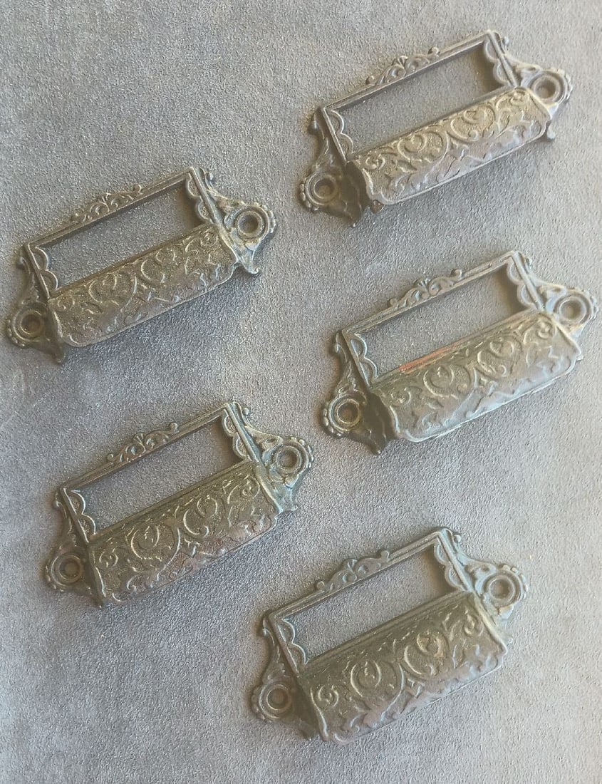 Five Apothecary Drawer Pulls: Five cast iron drawer pulls with ID windows for pharmacists or file freaks...4.25" x 2.25"...good as found