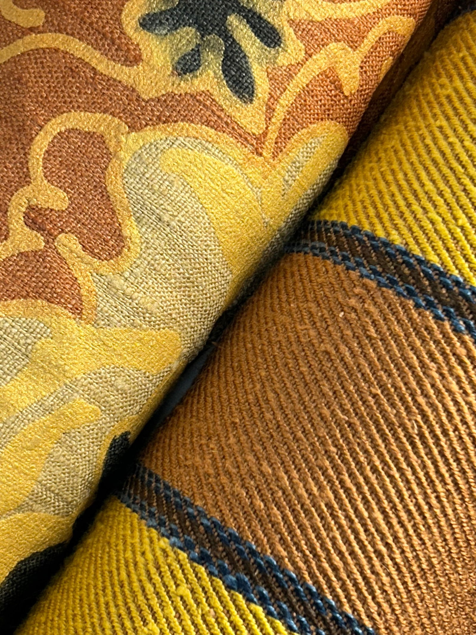 Two Bolts of Fabric: Prelle & Cie 4 color silk and viscose vertical / warp stripe called “Bourette Rayee Bagnols”, 2.5 yards by 50” width with a 5.5” horizontal repeat in colors of Sunflower, Cinna