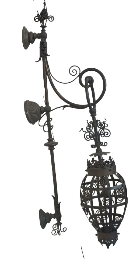 Wirework Sconce: Brass exterior wire-work sconce, dark oxidation, 36” x 12”, with a 6” x 14" dia. open globe… likely requires re-wiring…good as found.