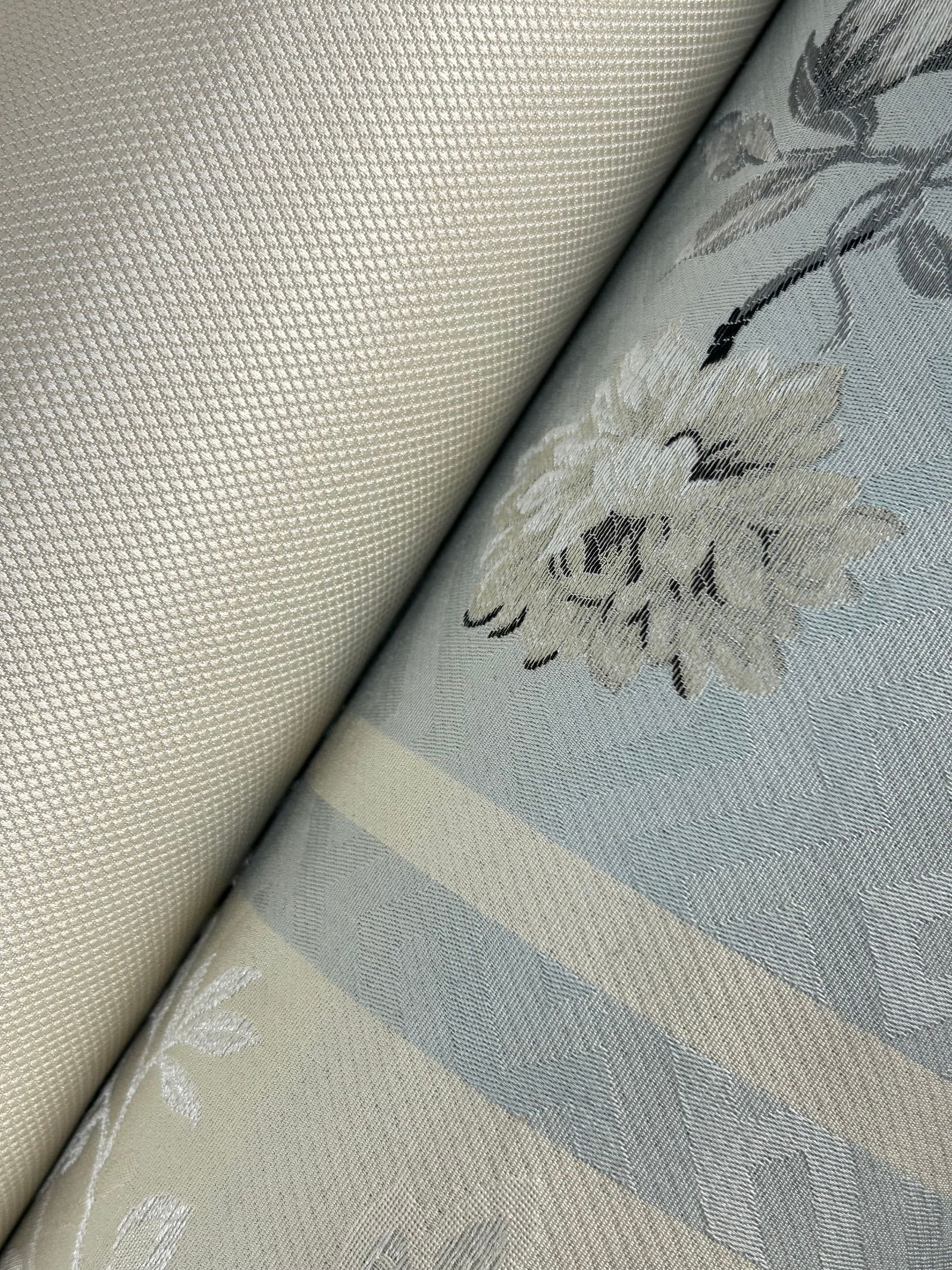 Lampas & Silk: 17.5 yards of Fret Fabric’s “Modern Floral” in multi colors on sky blue and ivory, #47-2; 55” wide with a 27” vertical repeat and a 27” horizontal repeat; 55% cotto