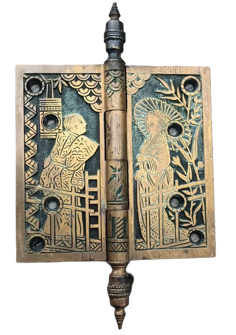 Japanese Hinge: Cast bronze 5” x 5” hinge from Russell and Erwin c. 1880…part of the “Japanese Suite” of highly decorative hardware…see A Brass Menagerie pp. 76-79…note the h