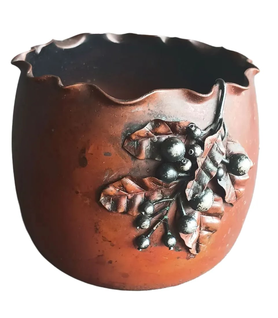 Patinated Copper Spooner from Gorham: Red patinated spooner with a ruffled edge and sterling silver berries with copper leaves in the form an elderberry sprig and a large silver dragonfly…4” dia. x 3.75” h…marked &
