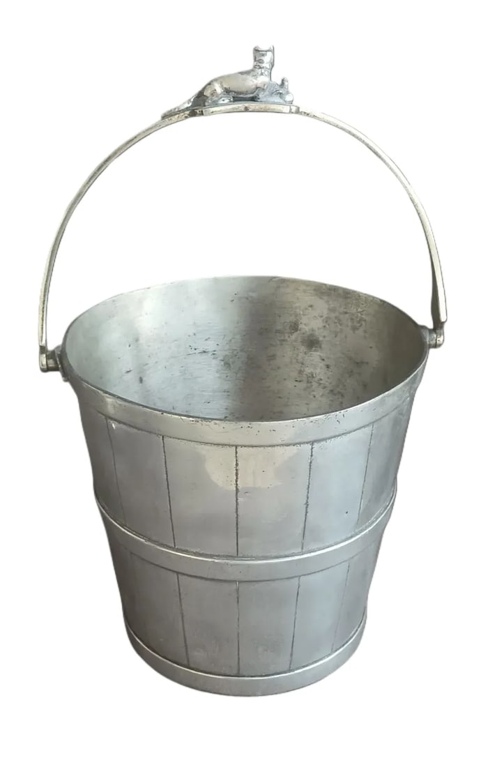 Silver Plate Wine Cooler: Silver plate wine cooler in the form of an “old oaken bucket”…6”dia. x 6”h, not including the handle, embellished with a fox who appears to have just out-run the hounds&#