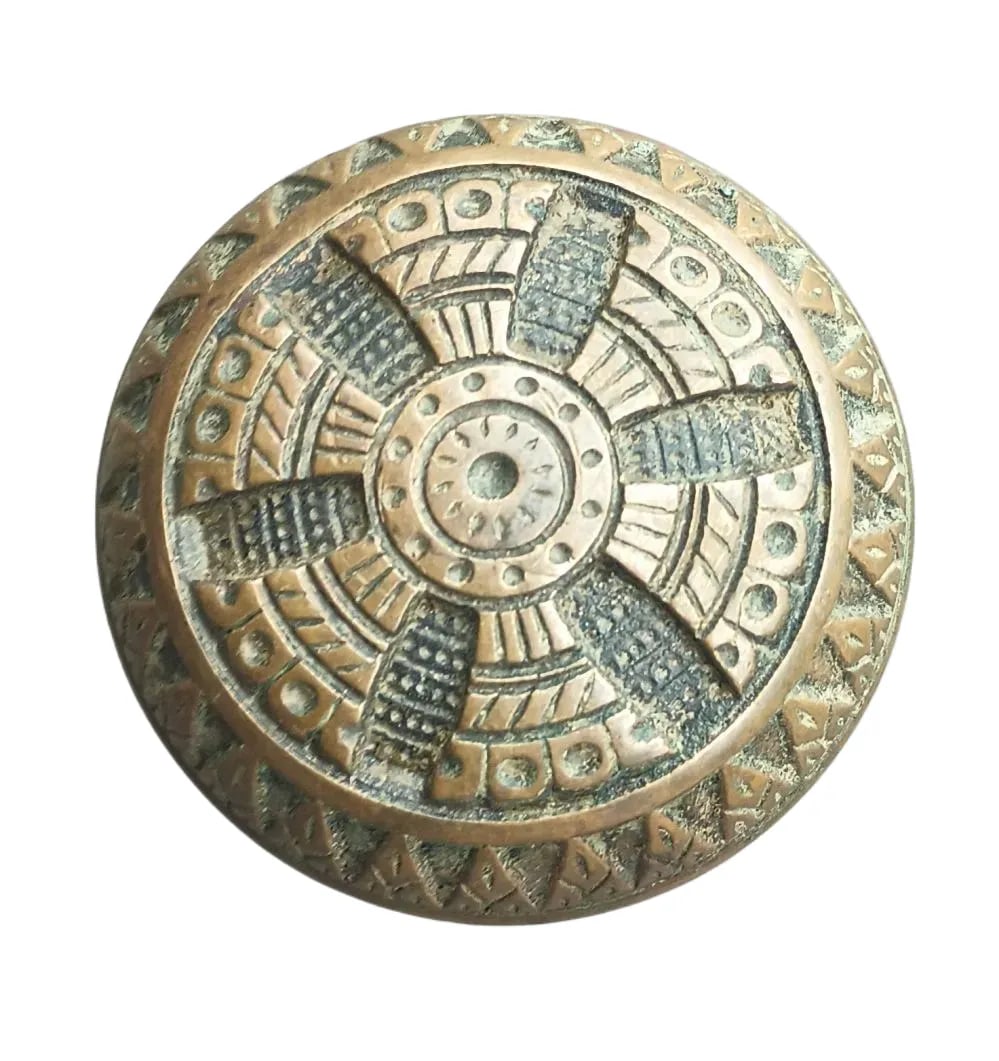 English Passage Knob: Cast bronze passage knob with an strongly incised spoke design…English c. 1880s…note the unusual shank which may indicate this knob was used on something other than an architectural door&#