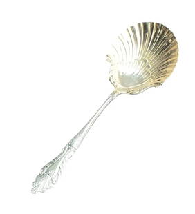 "Raphael" Silver Plate Serving Spoon: 8.75" long with a 3" x 3.5" gold washed bowl in a shell form, marked Rogers & Hamilton, Pat 1896 in very good condition. Provenance Rhode Island Estate