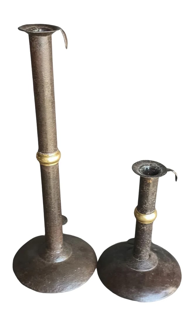 Two Antique Iron & Brass Hog Scraper Candlesticks (1 of 5)