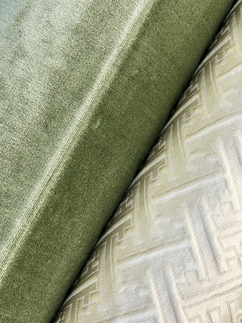 "Chinois Fret" & Clarence House Velvet: FRET FABRICS “CHINOIS FRET” SILK BLENDED MATELASSE & CLARENCE HOUSE VELVET – 2 bolts: One bolt being 10.75 Yards of Fret Fabric’s custom # 28-1 “Chinois Fret” multi