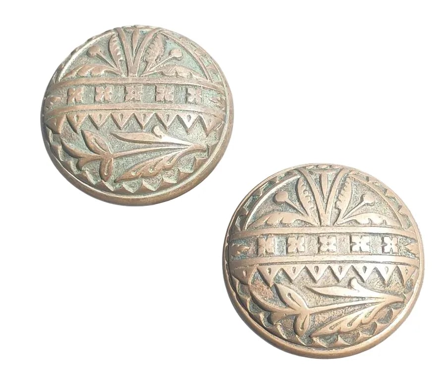 Pair of Small Aesthetic Knobs: Pair of small, 2", bronze knobs in the American Aesthetic taste...from Britten, Graham, and Mathes c. 1880s...nice as found...