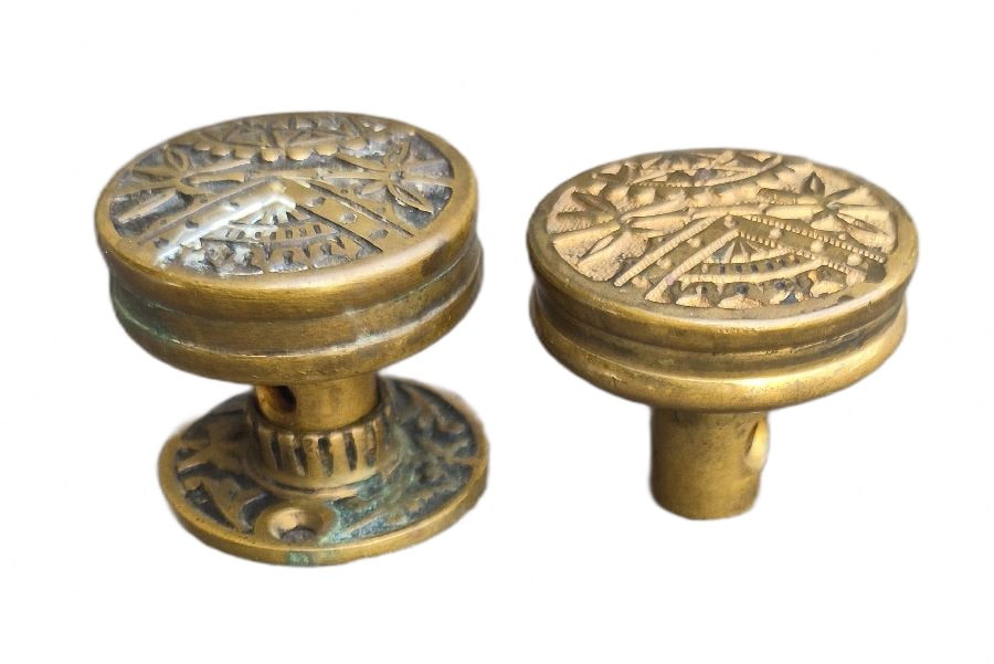 Tiny Branford: Two tiny Branford knobs, plus one rosette, in the Oriental design of c. 1880s...only 1.5" diameter...very nice as found...