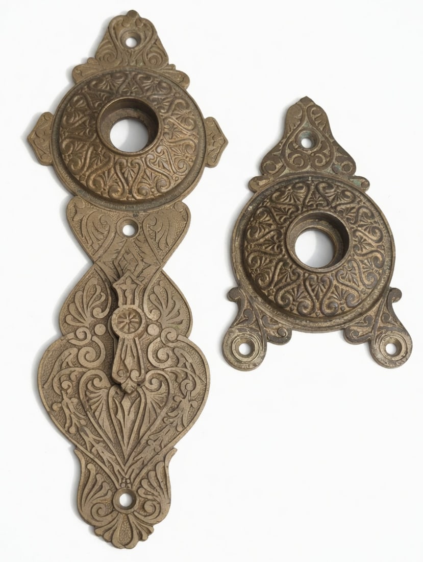 Hopkins & Dickenson: A double keyway entry plate with swing cover and a matching triangle plate from H&D c. 1870s...7.5" x 2.5"...nice as found...