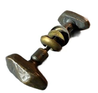 MIghty Modern: Cast bronze hardware from the mid-20th Century... 2 entry and 2 passage knob, with 3 rosettes and a small knob that was likely the thumb turn for the lock...solid as a rock...nice as found