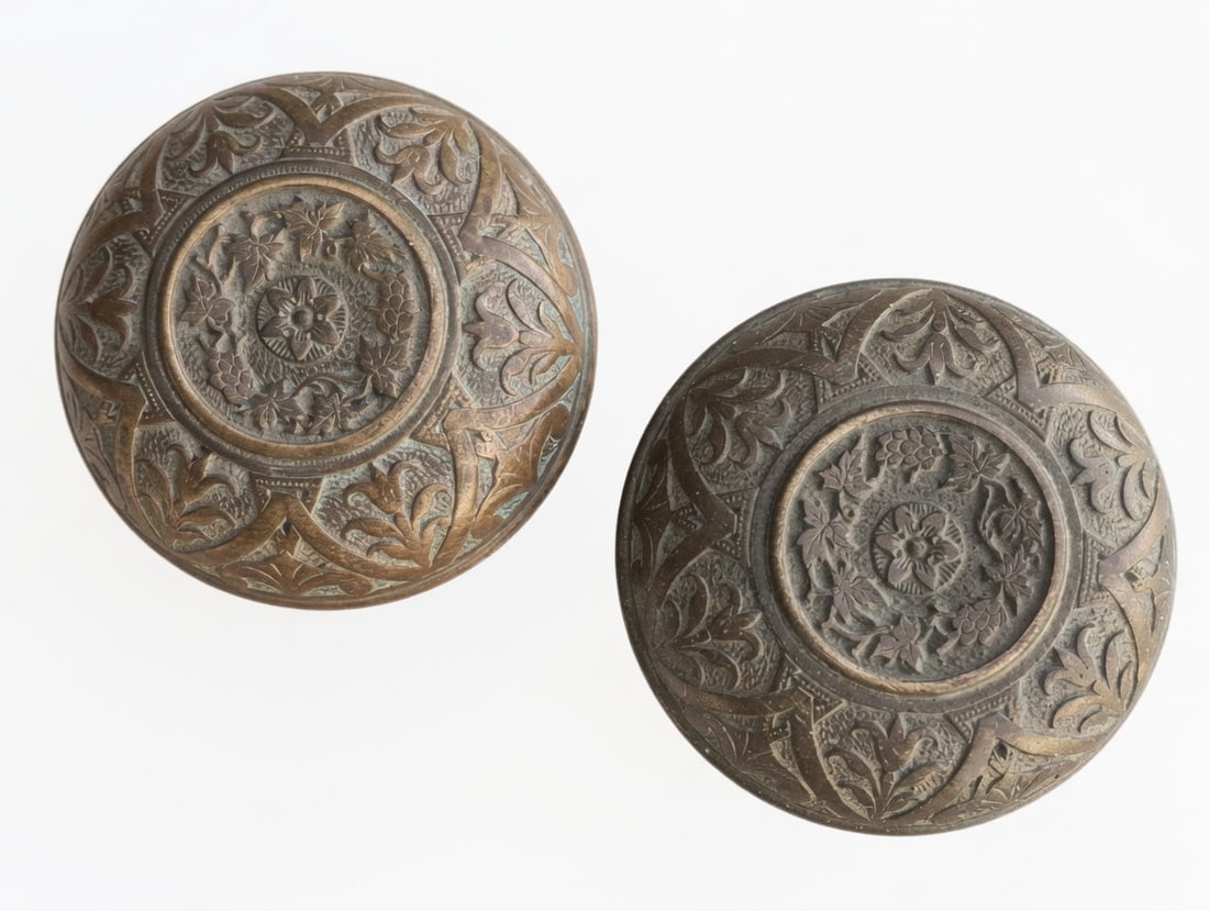MCCC...Twice: Two compression cast bronze passage knobs c. 1870 from MCCC/R&E...American Neo-grec design...both very nice as found...