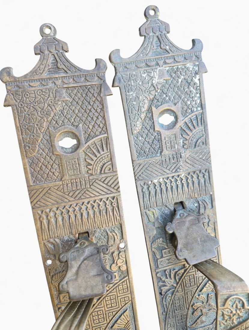 American Aesthetic Store Door Handles: Pair of fine American Aesthetic style store door handles, 15" x 2.5"...every motif you could want including a pagoda at the top and a duck pond at the bottom...note the typical wear on the thumb