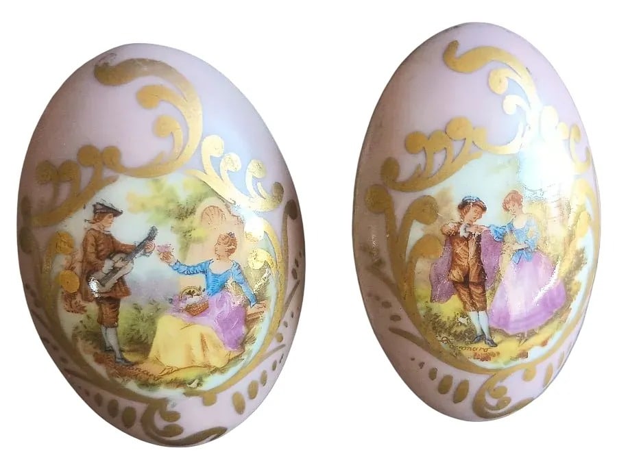 Painted Pink Porcelain: Pair of painted pink porcelain passage knobs picturing pleasurable pastimes...European, early 20th C....good as found...