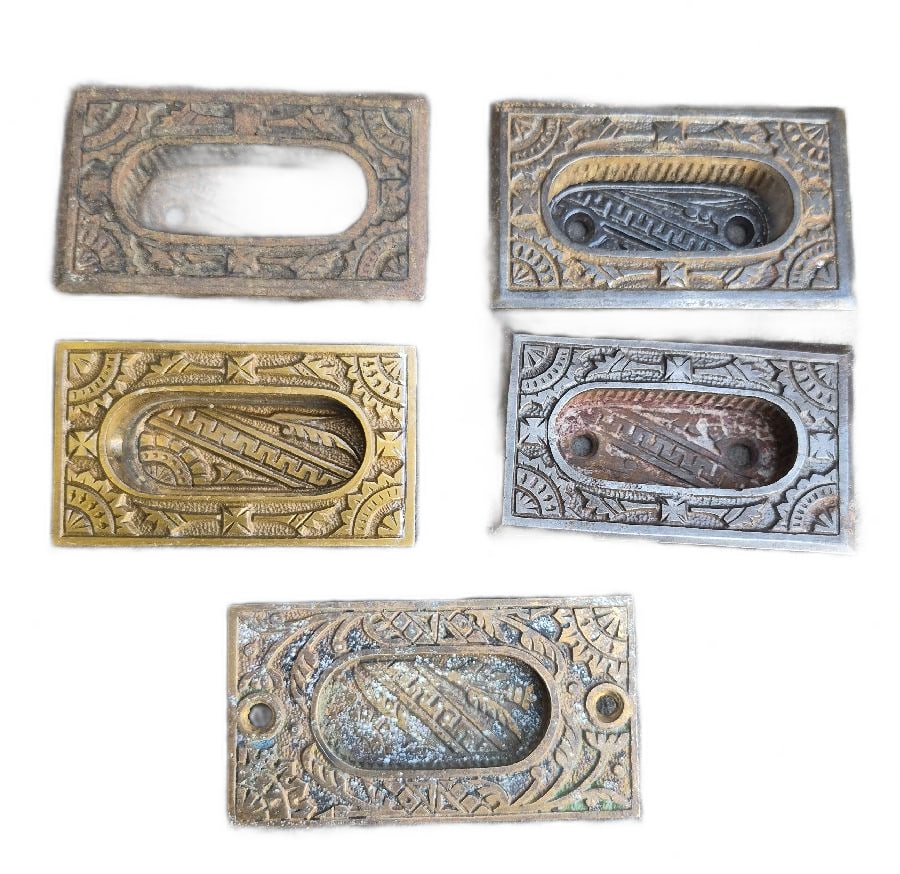 Five Sash Lifts: Five sash lifts...2 are brass and 3 are cast iron....3.5" x 2"...one needing a back plate...as found...