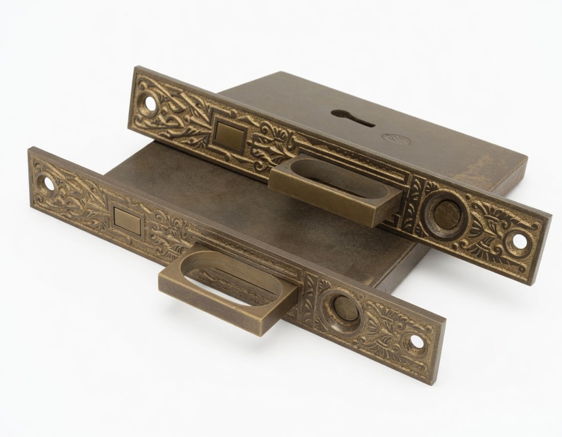 Pocket Door Locks: Set of pocket door mortice locks, fronts are 7.75 x 1.5...working as found