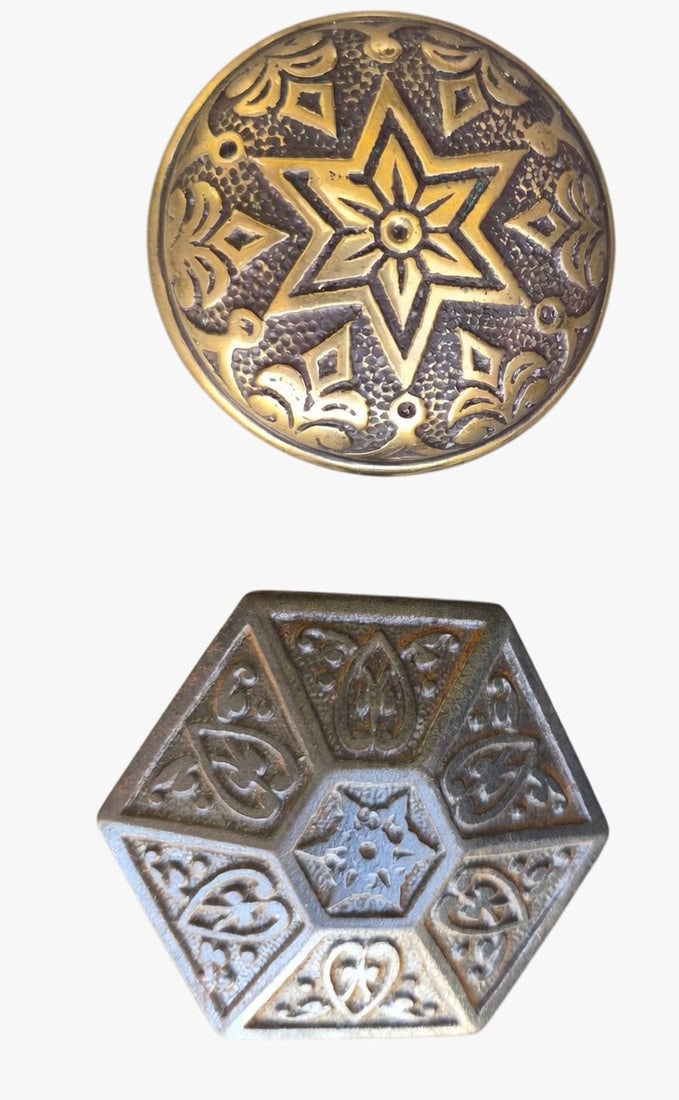2 Good Passage Knobs: Two passag knobs with similar designs...one bronze cl 1880s and one cast iron c. 1870s...both good as found