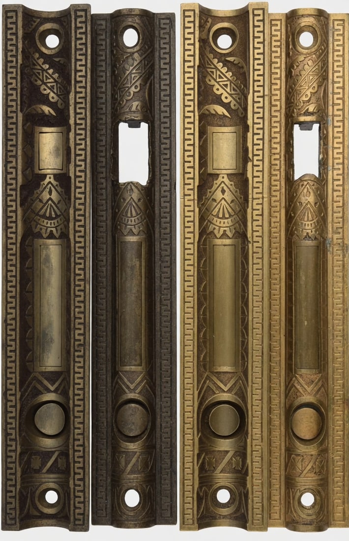 2 Pair of Pocket Door Locks: Two pair of pocket door mortise locks in the Oriental design from Branford...front are 8" x 1.5"...backset is 3"...note the decorated folding key...working as found...
