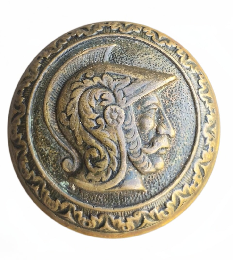 Roman Warrior: Cast bronze warrior passage knob c. 1870s...some wear but a fine classical profile...
