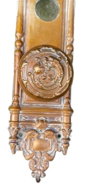 Critter Knob & Plate: Intriguing critter knob on a large entry plate, 15" x 2.75"... c. 1890...R&E mark on the reverse...lots of American neo-classical design...good as found...