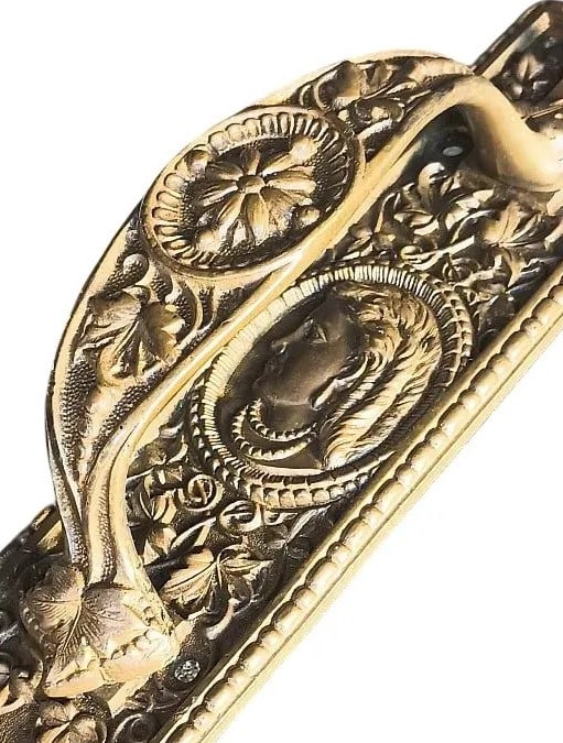 Figural Store Door Handle: Heavy cast bronze store door handle from R&E c. 1870s...9.5" x 2.25"...elaborate decorative details including a stylish young woman of the era...a collector classic in fine condition...