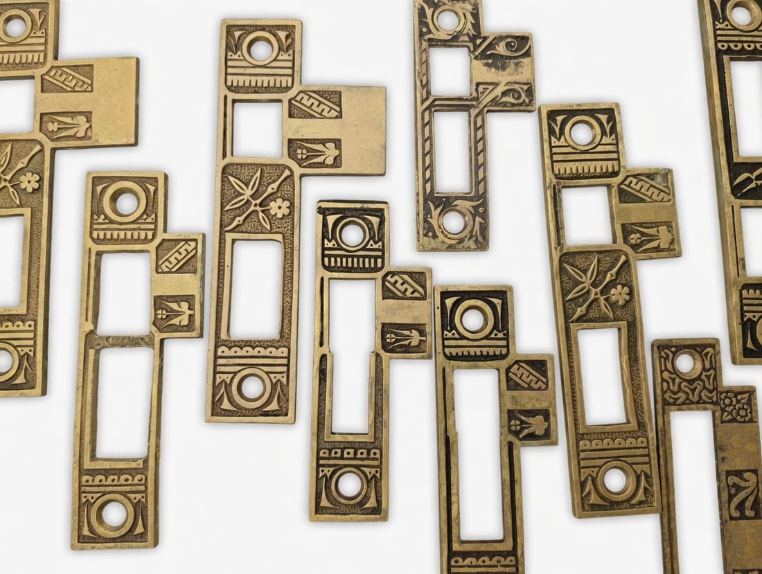 Decorated Strike Plates: Nine cast bronze decorated strike plates c. 1880s...largest is 5" x 1"...good as found...
