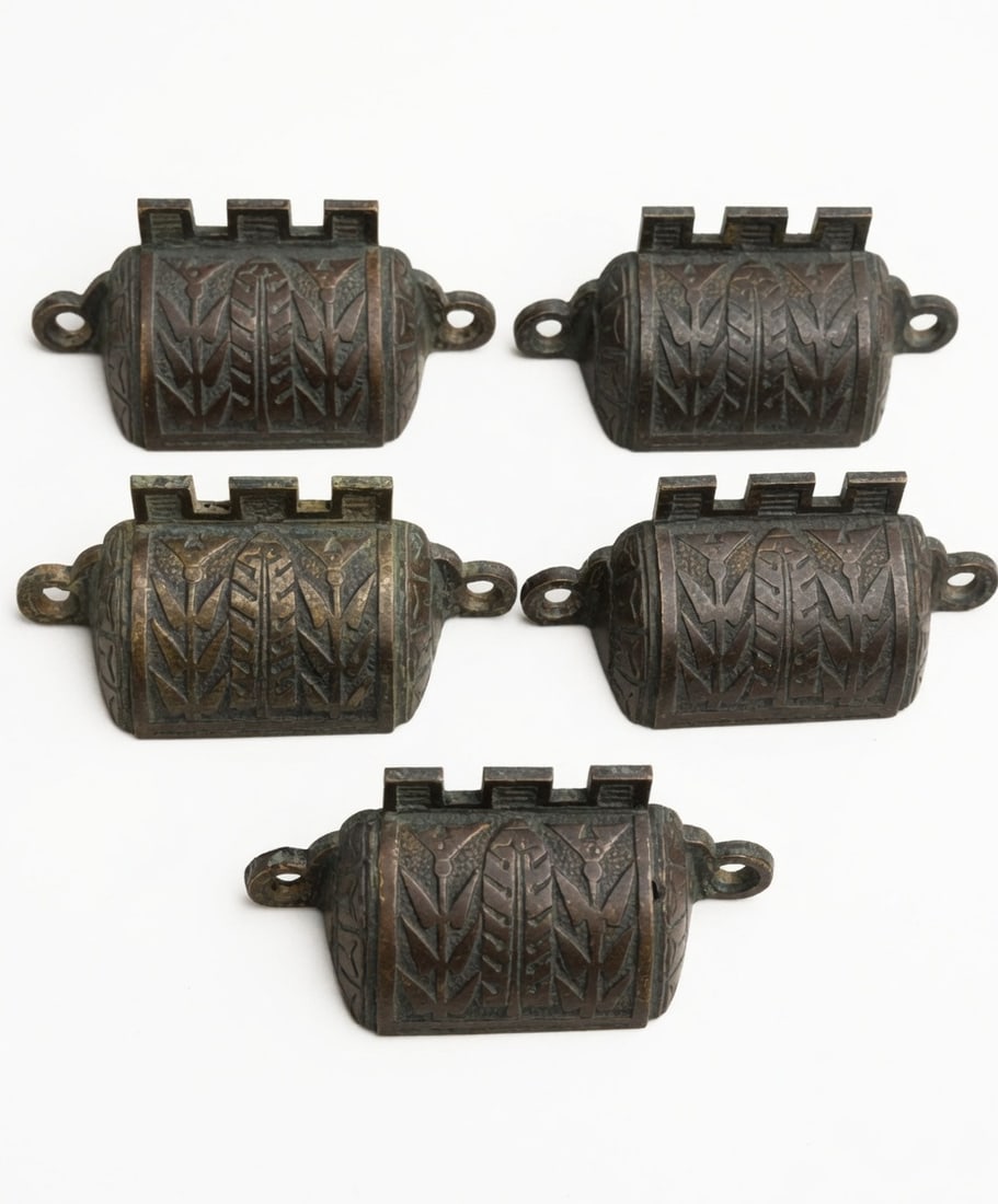 Castleated Bin Pulls: Five cast bronze bin pulls with castleated tops and nice Americna Aesthetic design...3.25" x 1.5"...all nice as found