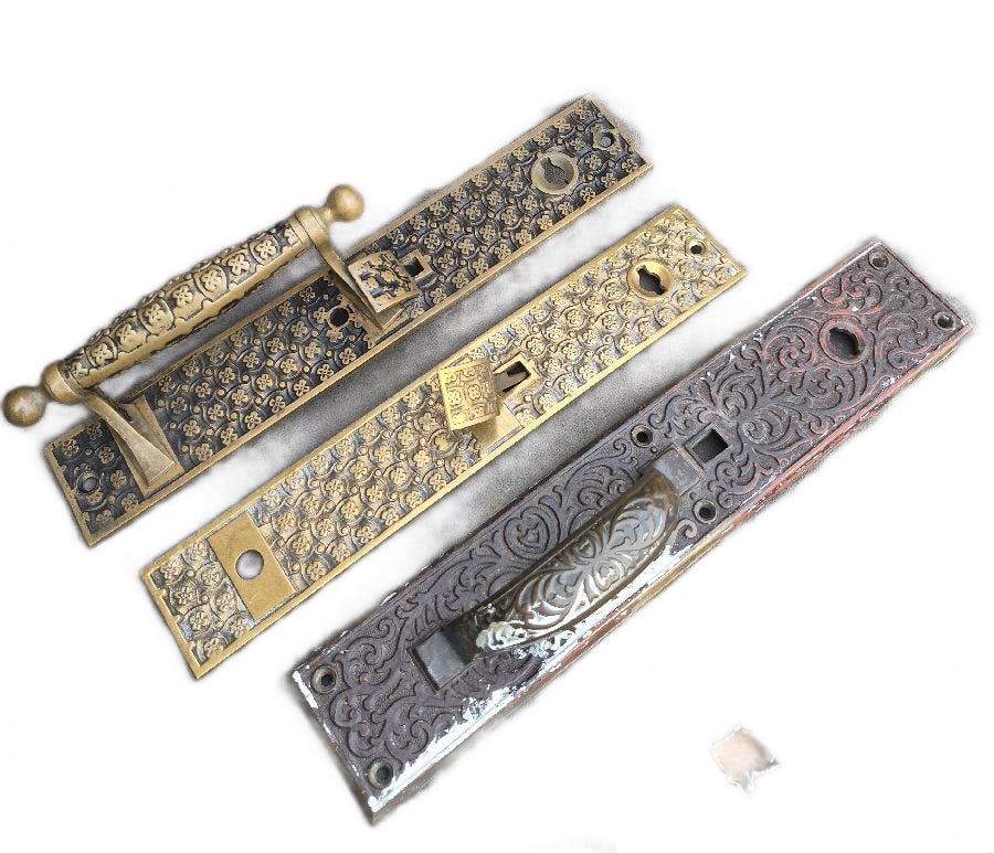 Store Door Handles: Pair of Madras design door pulls from Yale c. 1880s, one needing a hande, plus a single door pull measurig 13.5" x 2.5"...note that all have flat keyways...all good as found...