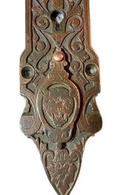 R&E Door Plate: Entry door plate from R&E c. 1870s..9" x 1.75"...with a lion--or a bear--on the swing cover...nice old patina...good as found