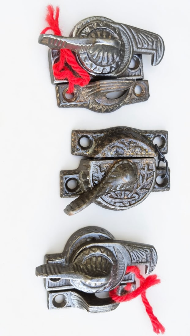 Three Sash Locks: Three cast iron sash locks with keepers c. 1880s...2.5" x 2"...all good as found