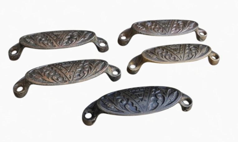 Cast Iron Bin Pulls: Five cast iron bin pulls, 5" x 2"...all good as found