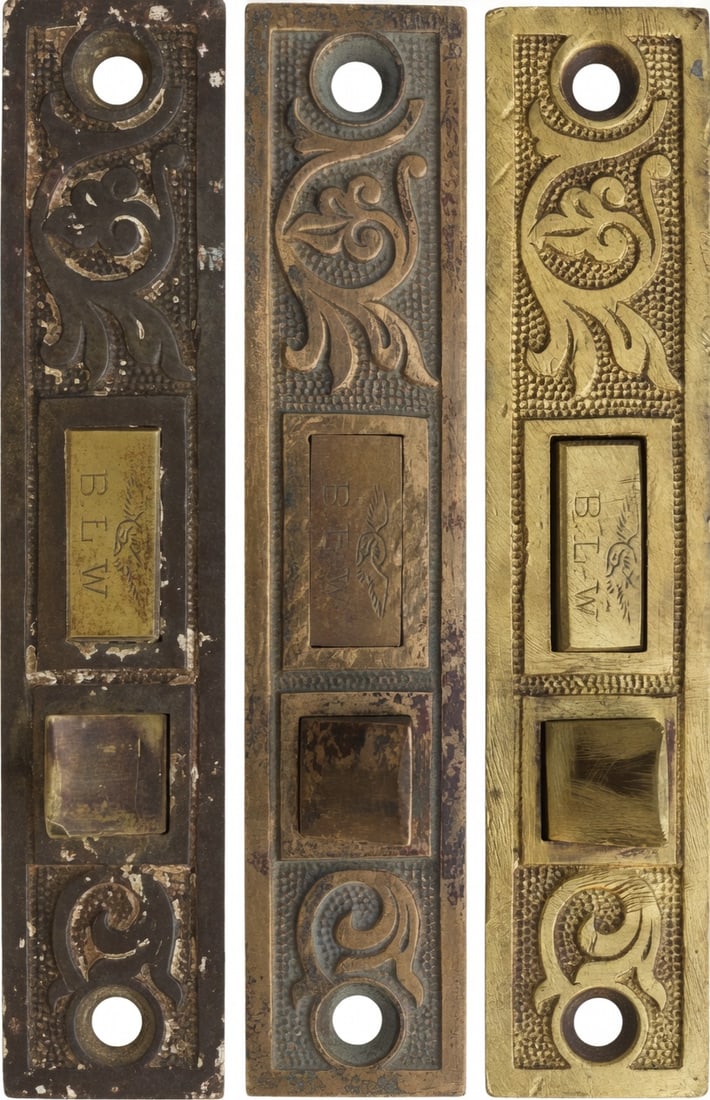 Three Branford Mortise Locks: Three matching passage door mortise locks from Branford c. 1880s...front is 5.5" x 1" and the backset is 2.75"...good working as found....