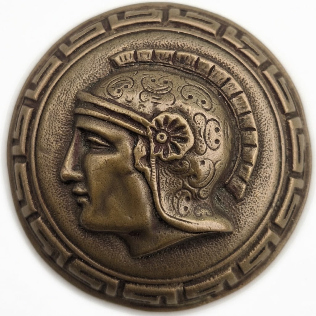 Greek Warrior: Entry size Greek warrior knob dating from the late 1860s or early 70s...these knobs were cast in lead and then heavily copper plated...note the sold bronze footed fitting at the bottom of the shank. i