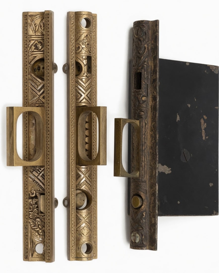Pocket Door Mortise Locks: Two pair of pocket door mortise locks c. 1880s...inter-locking fronts are 8" x 1.5"...backset is 2.75"...good working as found