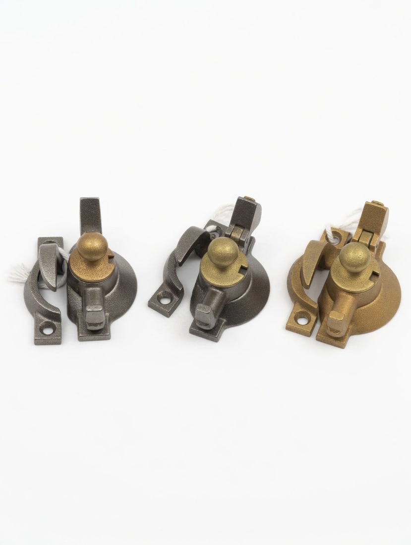 Three Sash Locks: Three window sash locks...two cast iron with a brass finial...2" x 2.25"...good as found