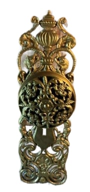 Reticulated Knob and Plate: Reticulated entry knob and plate in the La Grand design from Reading c. 1905...10" x 3.25"...outstanding open-cast design...nice as found...