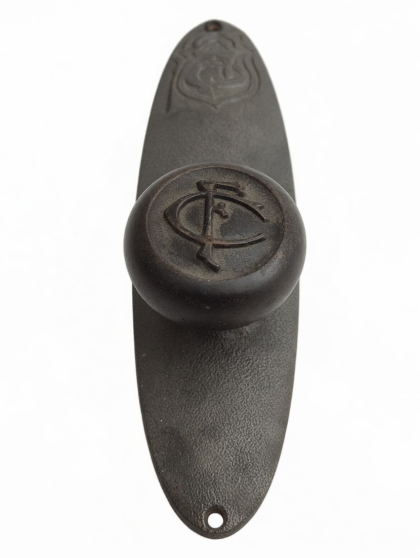 CF Knob & Plate: Cast iron passage knob and plat with a CF monogram...any baseball fan will recognize the typeface but attribution has not been determined...good as found