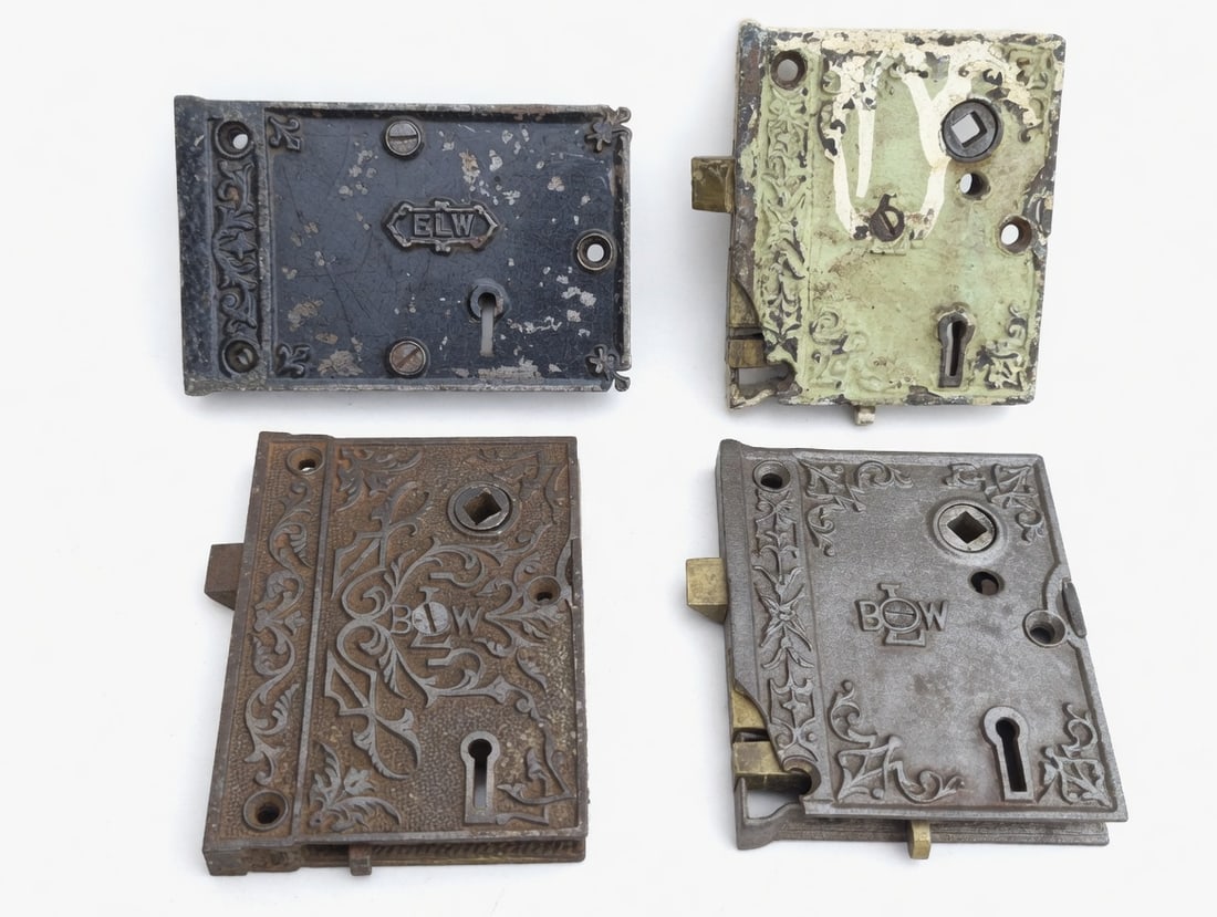Four Rim Locks: Four cast iron rim locks c. 1860s...sans keepers...all as found...