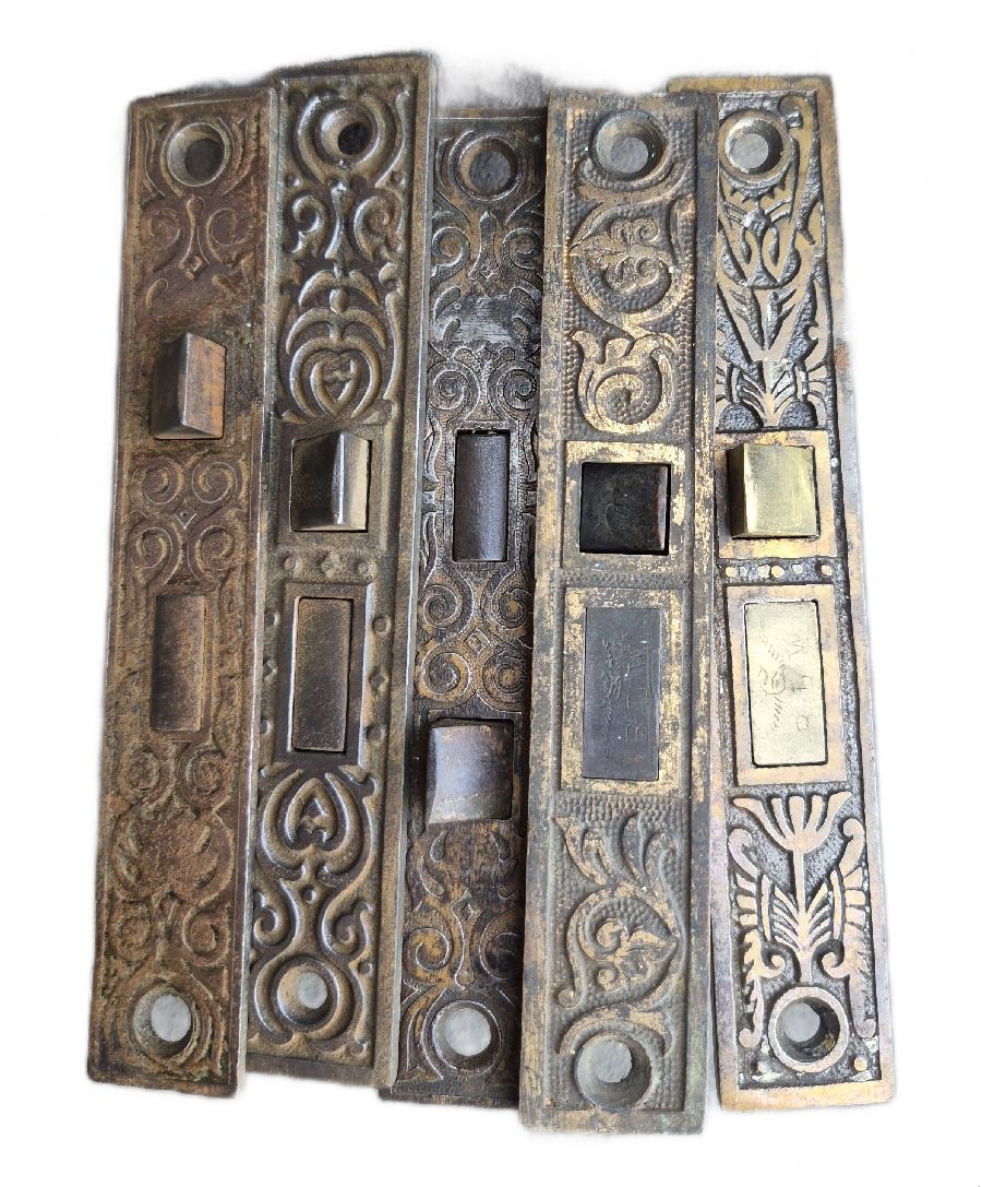 Five Mortise Locks: Five passage door mortise locks, all with decorated fronts and dating from c. 1870s and 80s...note the variations in construction...good as found