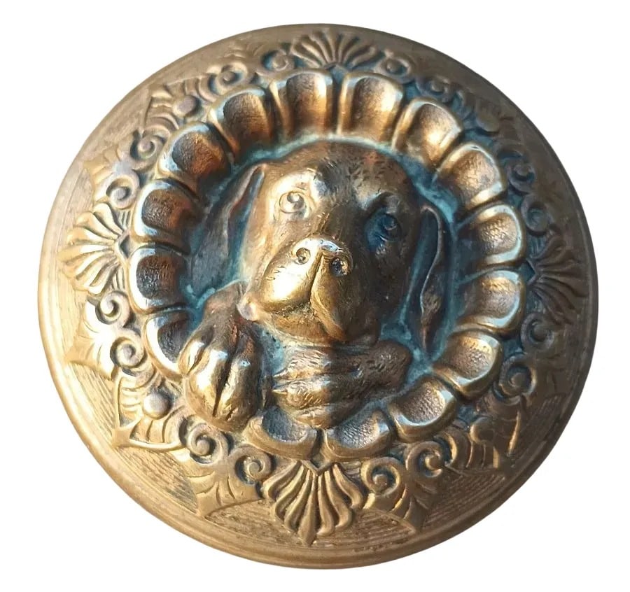 Man's Best Friend: The famous doggie knob from R&E c. 1870...this example is entry size (2.5") and with the spindle attached...strong lettering on the reverse...high grade collector qulity...