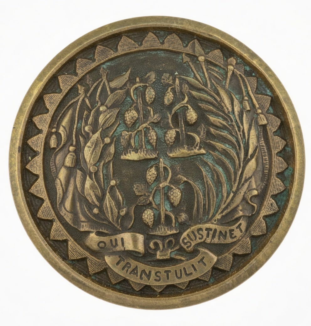 Please, Sir, More Beer: Cast bronze entry knob from Corbin and c. 1880s...with the Latin motto of the state of Connecticut...originally the sybolism was grapes but somehwere along the way back home the guys changed it to